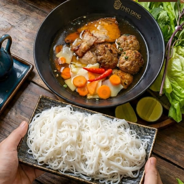 Pho Dang's Bun Cha with grilled pork, meatballs, broth, and a side of vermicelli noodles.