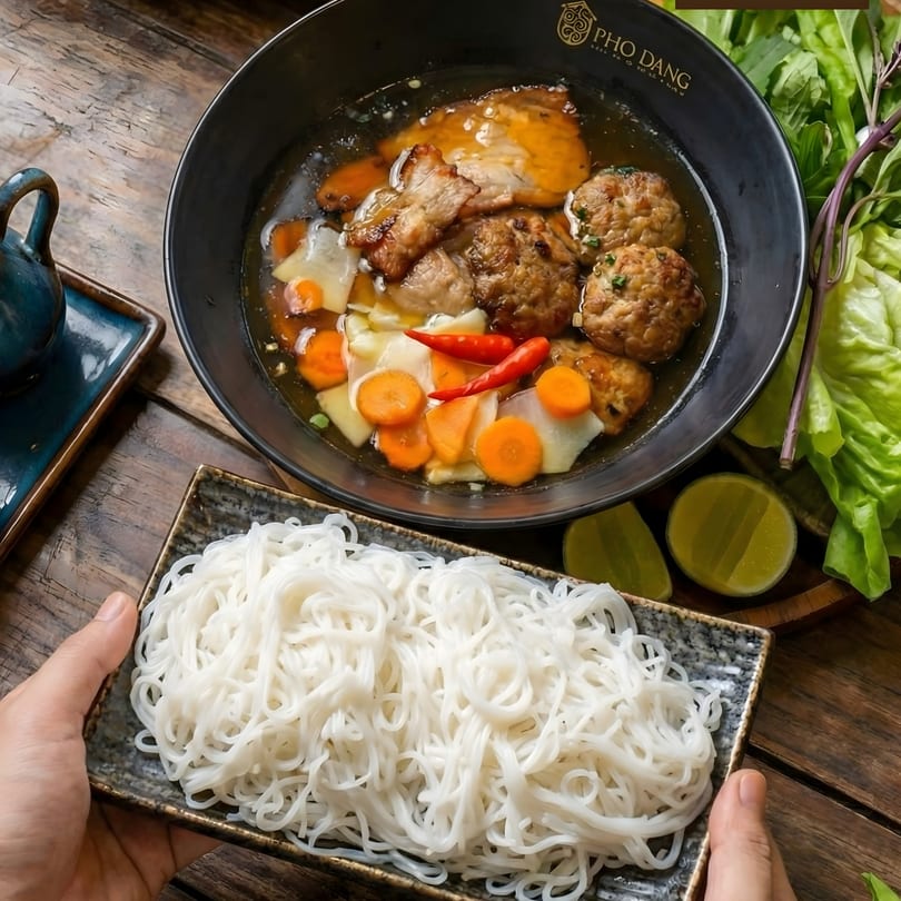 Pho Dang's Bun Cha with grilled pork, meatballs, broth, and a side of vermicelli noodles.