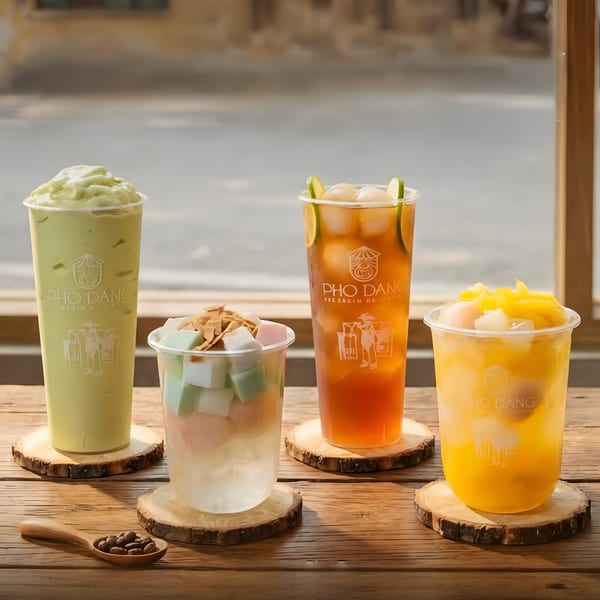 Four Pho Dang drinks on wooden coasters: a green smoothie, a dessert, iced tea, and a mango drink.