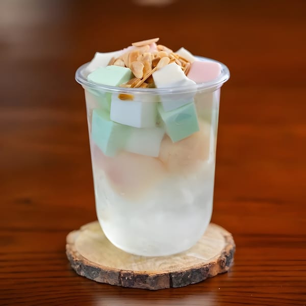 A clear cup of dessert with colorful jelly cubes, fruit, and sliced almonds on a wooden coaster.